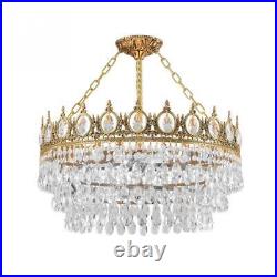 15''Vintage Crown Ceiling Light Gold Crystal Chandelier Pendant Hanging Lamp